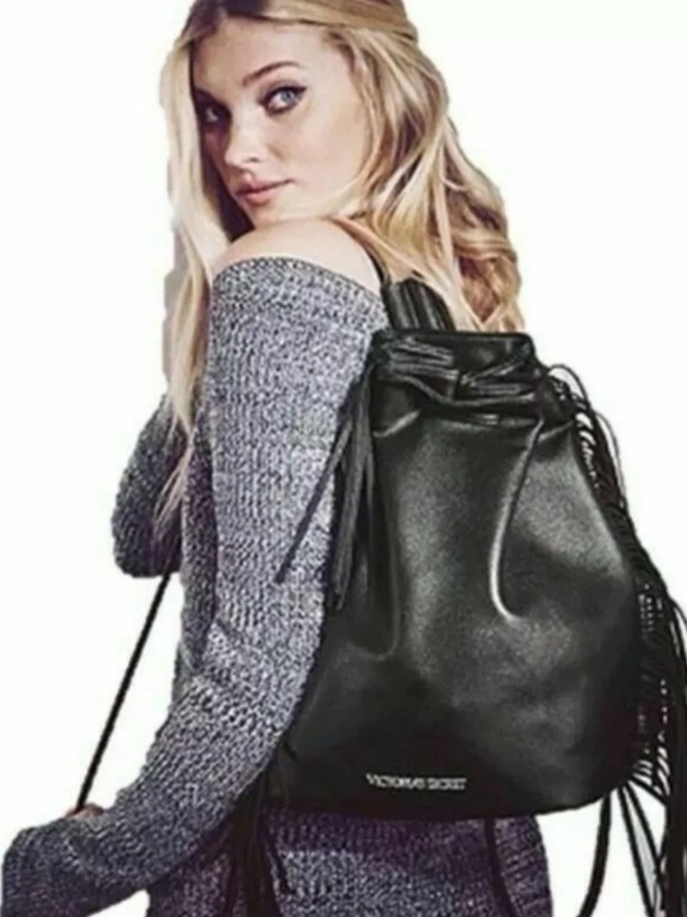 Victoria's Secret Black Drawstring Fringe Backpack
